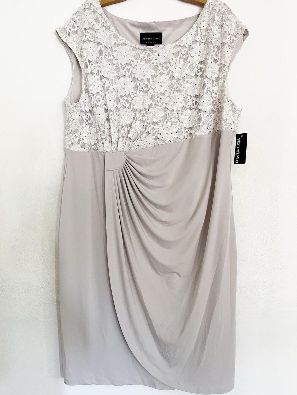 Connected Dress Womens 20W Beige Champagne Lace Sequin Ruched Sheath Knee Length